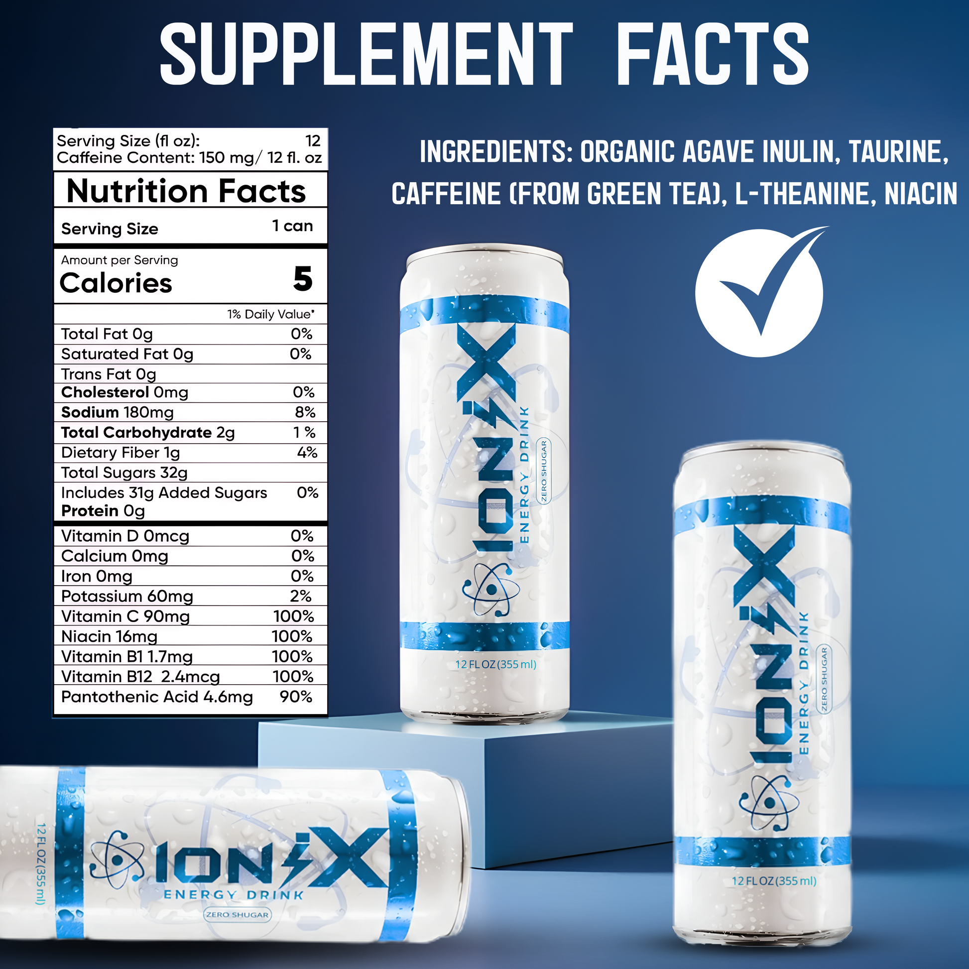 IoniX Zero Sugar Energy Drink | Clean Energy with 150mg Natural Caffeine- 12 pack