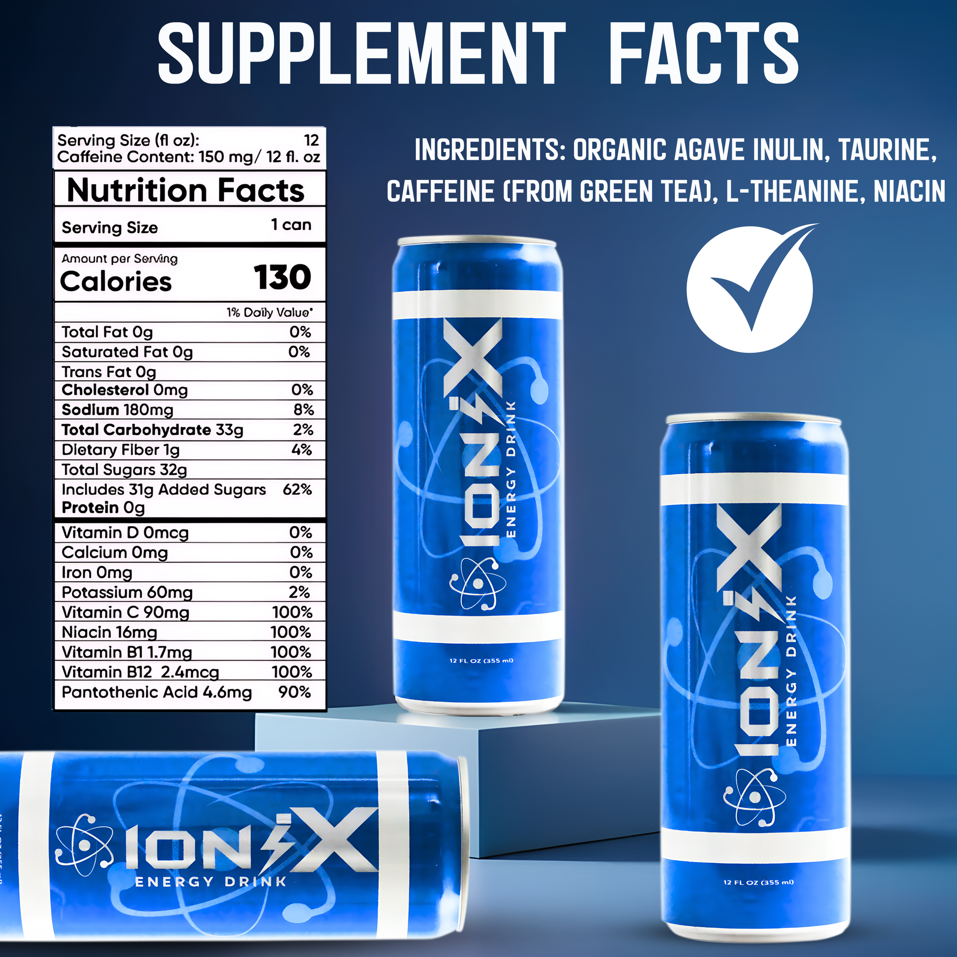 IoniX Energy Drink – Original Flavor | Clean Energy with 150mg Natural Caffeine- 12 pack